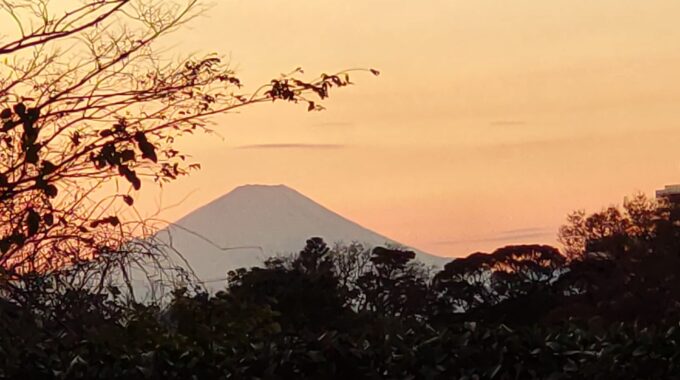 夕暮れに映える富士山